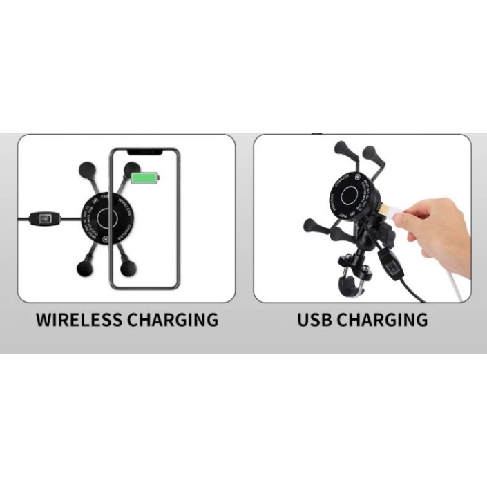 Suport telefon moto,atv,auto,incarcare wireless 10W,fixare oglinda,cadru,universal Android si IOS, priza USB de 2.1 A, include 2 tipuri de prindere
