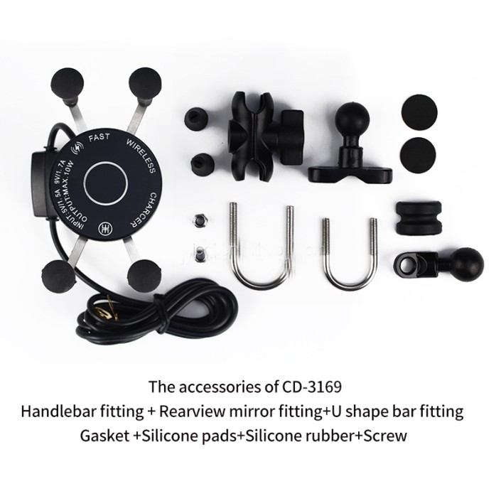 Suport telefon moto,atv,auto,incarcare wireless 10W,fixare oglinda,cadru,universal Android si IOS, priza USB de 2.1 A, include 2 tipuri de prindere