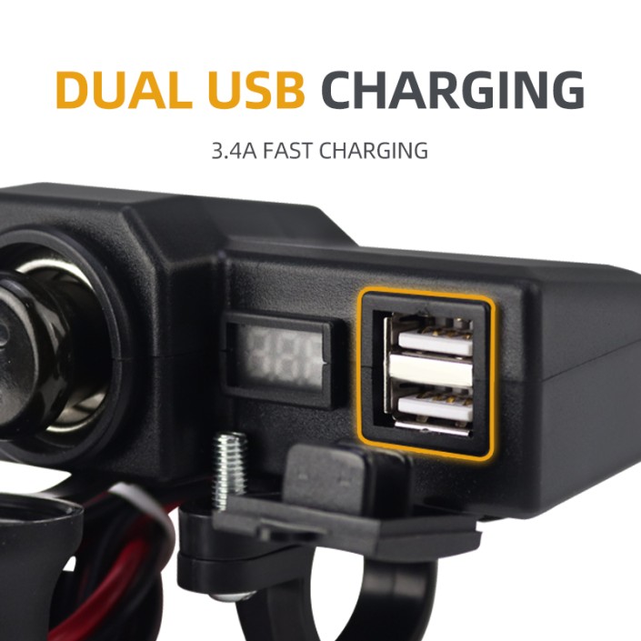 Priza moto auto, 3.4a Fast Charge, 2 porturi usb, voltmetru, port bricheta, include 2 tipuri de prindere