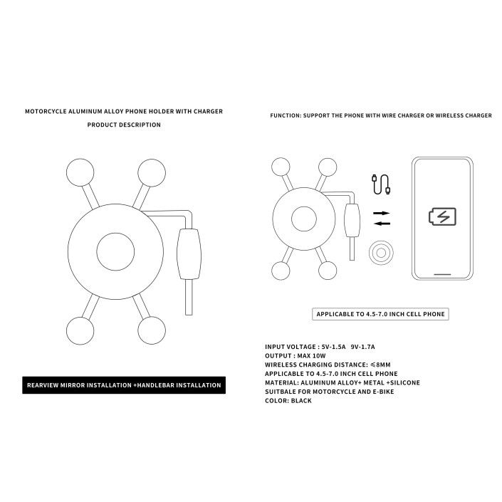 Suport telefon moto,atv,auto,incarcare wireless 10W,fixare oglinda,cadru,universal Android si IOS, priza USB de 2.1 A, include 2 tipuri de prindere