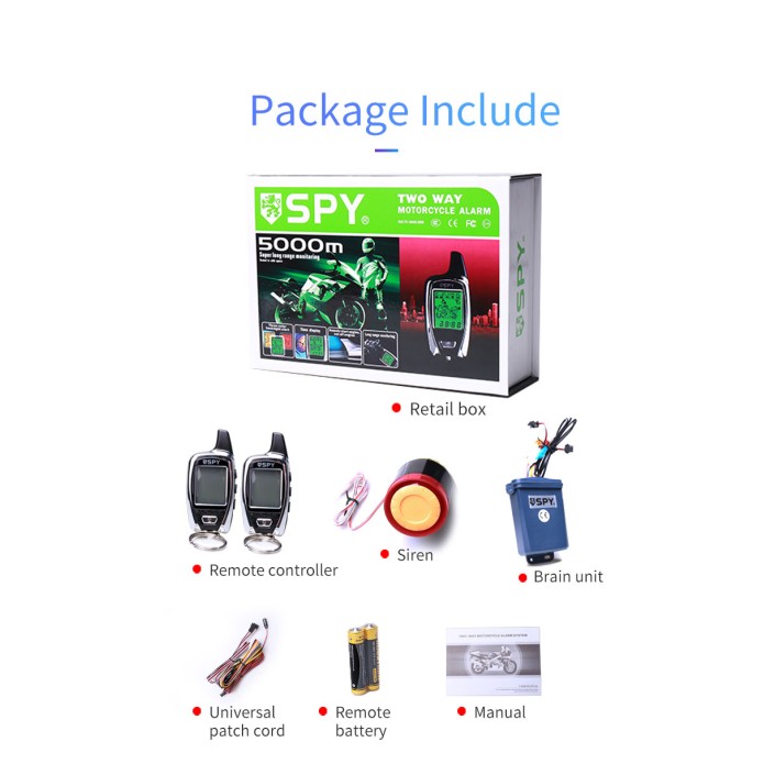 Alarma motocicleta, scuter, atv, functie pornire motor, senzor perimetru, senzor soc, actionare de la 5000 m, pager, 2 telecomenzi cu display Alarma motocicleta, scuter, atv, functie pornire motor, senzor perimetru, senzor soc, actionare de la 5000 m, pager, 2 telecomenzi cu display