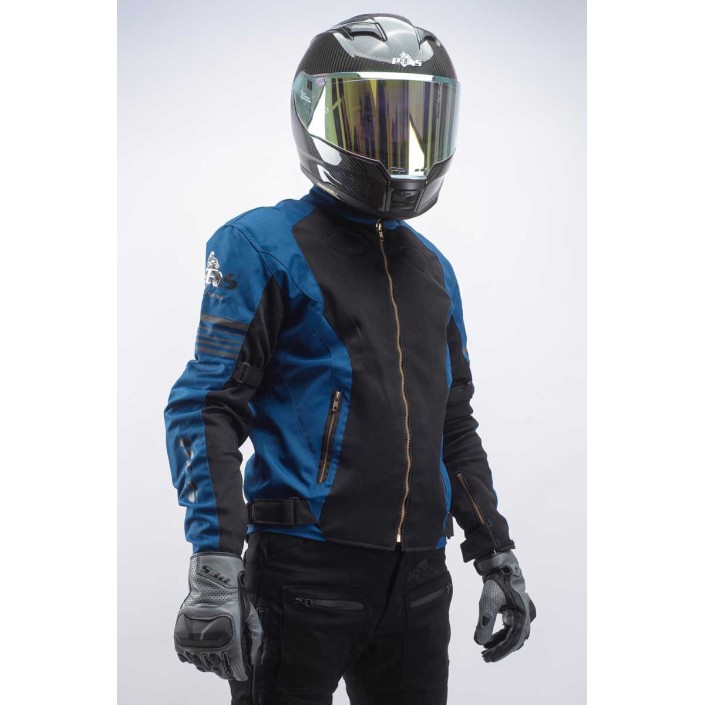 Geacă moto de vară pentru bărbați PES Grand Air Blue – mesh ventilat, protecții Level 2, certificare AA, membrană de ploaie detașabilă