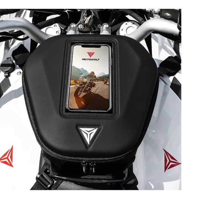 Geanta rezervor moto Motowolf, impermeabila, prindere universala, buzunar transparent telefon, tank bag include 2 tipuri de prindere
