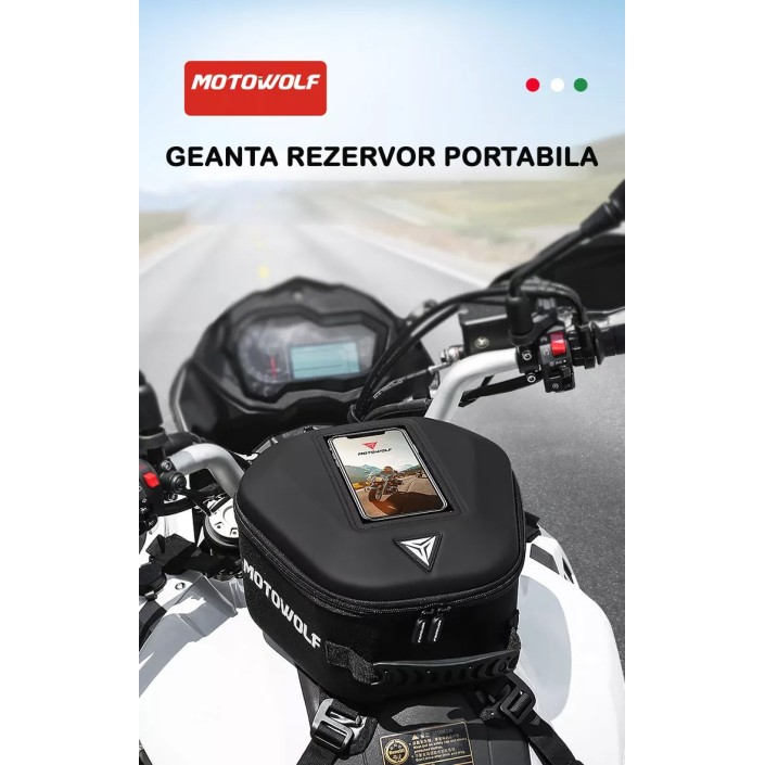 Geanta rezervor moto Motowolf, impermeabila, prindere universala, buzunar transparent telefon, tank bag include 2 tipuri de prindere
