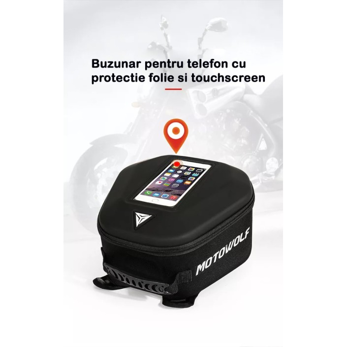 Geanta rezervor moto Motowolf, impermeabila, prindere universala, buzunar transparent telefon, tank bag include 2 tipuri de prindere