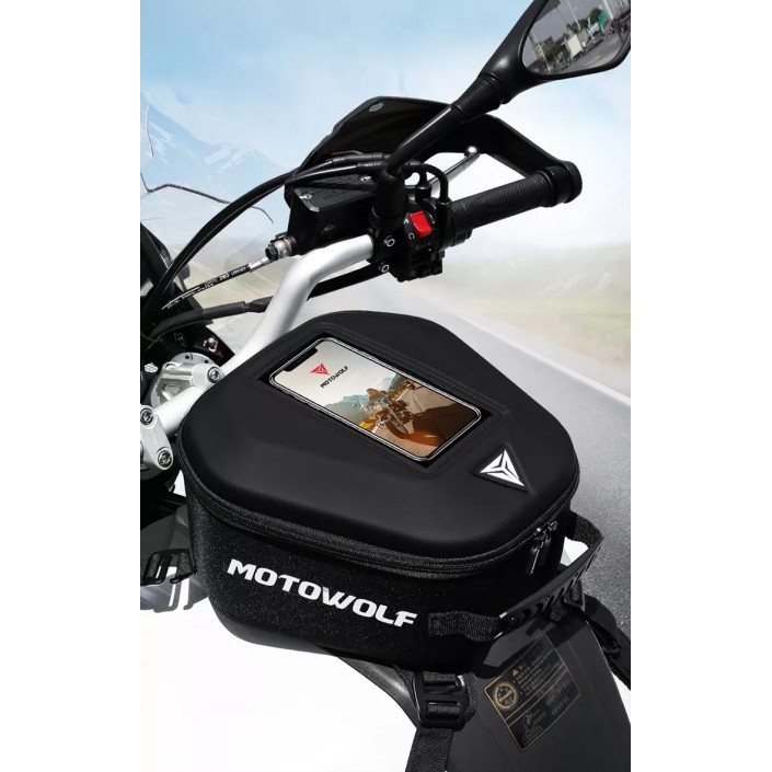 Geanta rezervor moto Motowolf, impermeabila, prindere universala, buzunar transparent telefon, tank bag include 2 tipuri de prindere