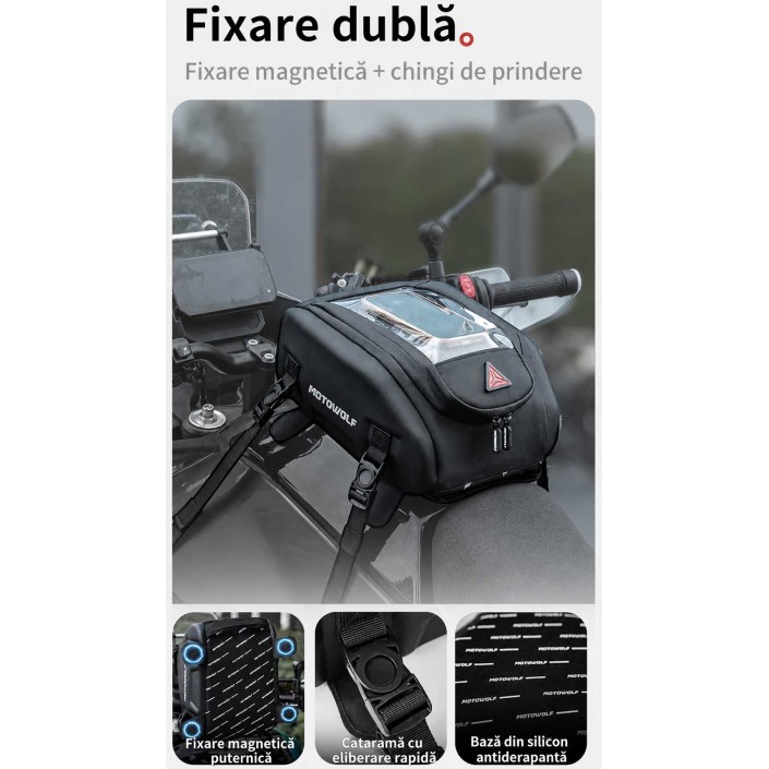 Geantă rezervor moto Motowolf MB10 8 L, magnetică, cu chingi, buzunar telefon și husă de ploaie Geantă rezervor moto Motowolf MB10 8 L, magnetică, cu chingi, buzunar telefon și husă de ploaie