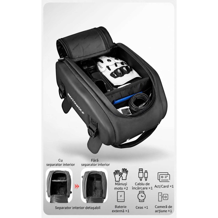 Geantă rezervor moto Motowolf MB10 8 L, magnetică, cu chingi, buzunar telefon și husă de ploaie Geantă rezervor moto Motowolf MB10 8 L, magnetică, cu chingi, buzunar telefon și husă de ploaie