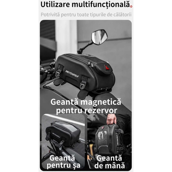 Geantă rezervor moto Motowolf MB10 8 L, magnetică, cu chingi, buzunar telefon și husă de ploaie Geantă rezervor moto Motowolf MB10 8 L, magnetică, cu chingi, buzunar telefon și husă de ploaie