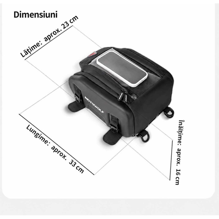 Geantă rezervor moto Motowolf MB10 8 L, magnetică, cu chingi, buzunar telefon și husă de ploaie Geantă rezervor moto Motowolf MB10 8 L, magnetică, cu chingi, buzunar telefon și husă de ploaie