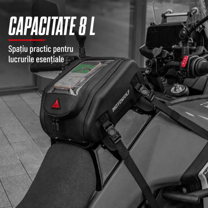 Geantă rezervor moto Motowolf MB10 8 L, magnetică, cu chingi, buzunar telefon și husă de ploaie Geantă rezervor moto Motowolf MB10 8 L, magnetică, cu chingi, buzunar telefon și husă de ploaie