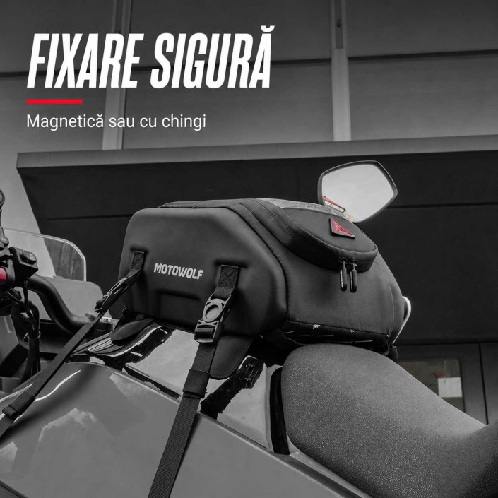 Geantă rezervor moto Motowolf MB10 8 L, magnetică, cu chingi, buzunar telefon și husă de ploaie Geantă rezervor moto Motowolf MB10 8 L, magnetică, cu chingi, buzunar telefon și husă de ploaie