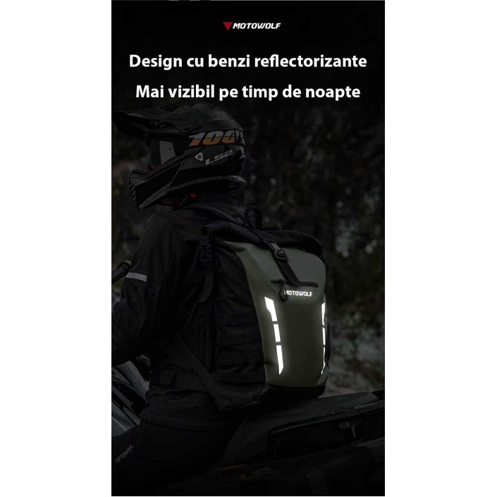Ghiozdan Moto Impermeabil Motowolf, Capacitate Mare, PVC 500D, Benzi Reflectorizante, Roll-Top