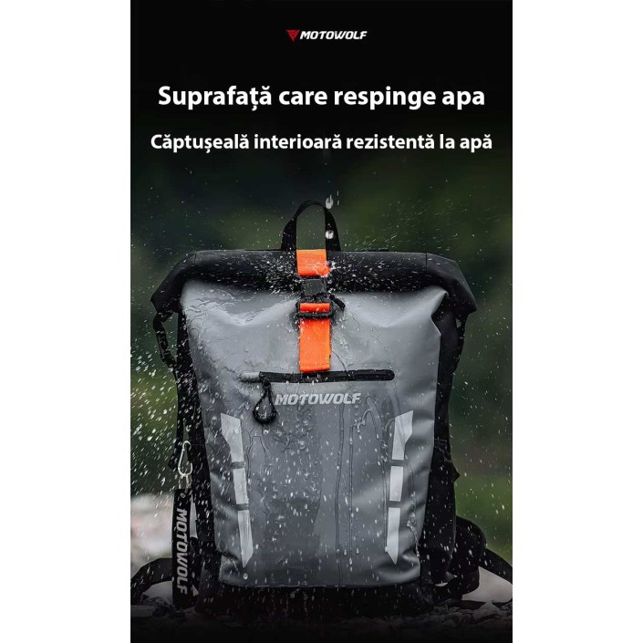 Ghiozdan Moto Impermeabil Motowolf, Capacitate Mare, PVC 500D, Benzi Reflectorizante, Roll-Top
