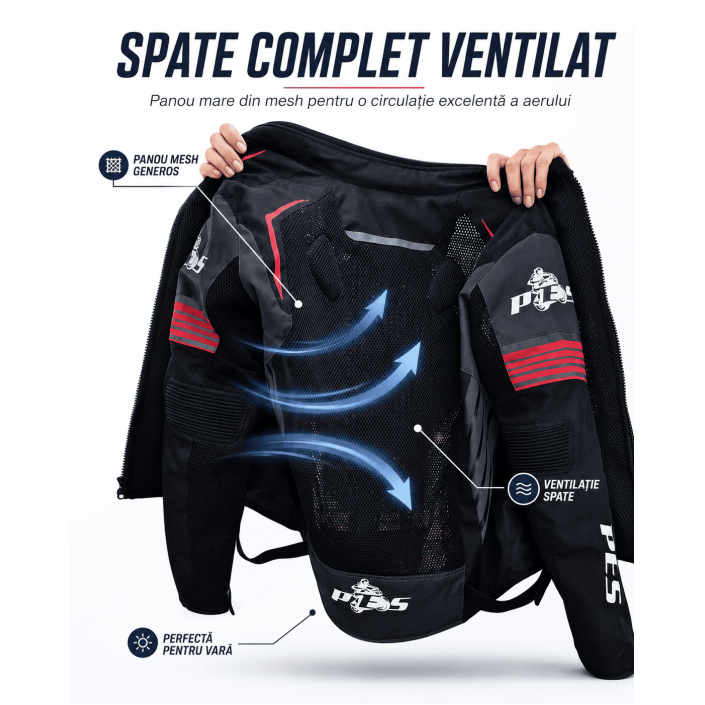 Geacă Moto de Vară PES Grand Air 2.0 AA cu Protecții CE Level 2 și Membrană Impermeabilă 3 în 1 Geacă Moto de Vară PES Grand Air 2.0 AA cu Protecții CE Level 2 și Membrană Impermeabilă 3 în 1