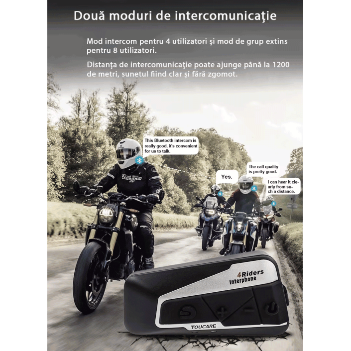 Sistem de comunicare moto intercom Toucare T9S-4, noise cancel, difuzoare HI-FI, Radio FM, bluethoot 5.0, conferinta cu 8 rideri, conectivitate simultana cu 2 device-uri, combatibil cu SENA,CARDO Sistem de comunicare moto intercom Toucare T9S-4, noise cancel, difuzoare HI-FI, Radio FM, bluethoot 5.0, conferinta cu 8 rideri, conectivitate simultana cu 2 device-uri, combatibil cu SENA,CARDO