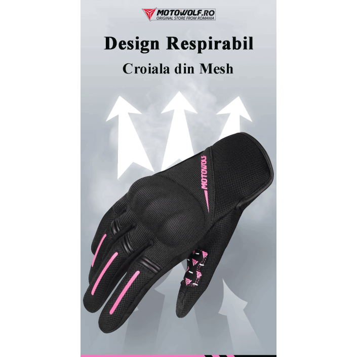 Mănuși Moto Damă de Vară Motowolf – Mesh Respirabil, Protecții Soft, Touchscreen, Roz