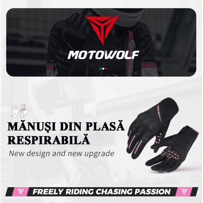 Mănuși Moto Damă de Vară Motowolf – Mesh Respirabil, Protecții Soft, Touchscreen, Roz