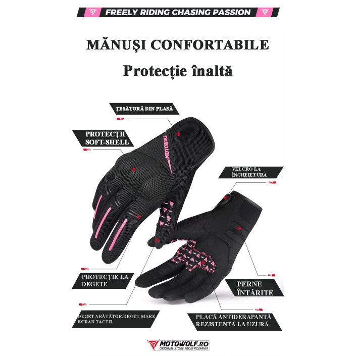 Mănuși Moto Damă de Vară Motowolf – Mesh Respirabil, Protecții Soft, Touchscreen, Roz