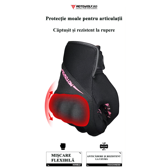 Mănuși Moto Damă de Vară Motowolf – Mesh Respirabil, Protecții Soft, Touchscreen, Roz