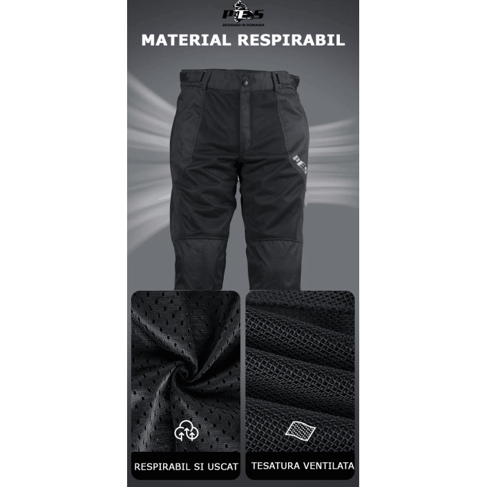 Pantaloni Moto PES de Vară cu Protecții Level 2 pentru Genunchi și Șolduri, Clasa AA, Negru Pantaloni Moto PES de Vară cu Protecții Level 2 pentru Genunchi și Șolduri, Clasa AA, Negru