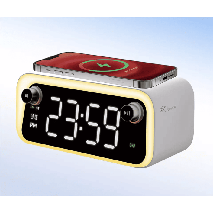 Radio cu ceas, Portabil, baterie 1200 mAh, statie incarcare wireless, LED, Bluetooth speaker, Alarma, lampa led, lumina noapte, 15W, Pes Holding