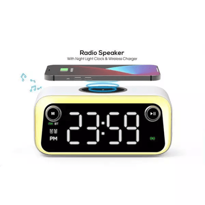 Radio cu ceas, Portabil, baterie 1200 mAh, statie incarcare wireless, LED, Bluetooth speaker, Alarma, lampa led, lumina noapte, 15W, Pes Holding