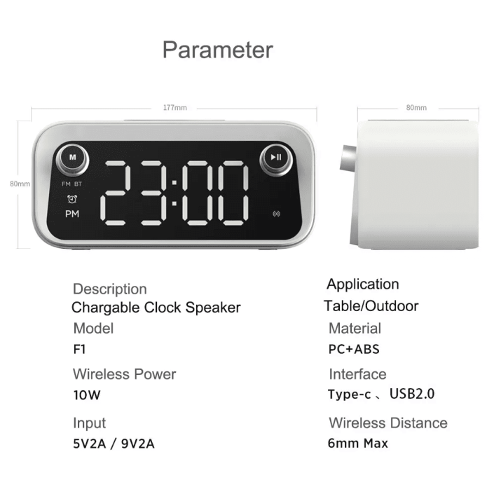 Radio cu ceas, Portabil, baterie 1200 mAh, statie incarcare wireless, LED, Bluetooth speaker, Alarma, lampa led, lumina noapte, 15W, Pes Holding