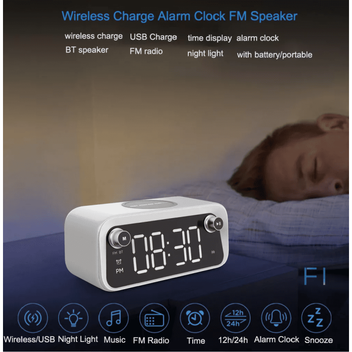 Radio cu ceas, Portabil, baterie 1200 mAh, statie incarcare wireless, LED, Bluetooth speaker, Alarma, lampa led, lumina noapte, 15W, Pes Holding