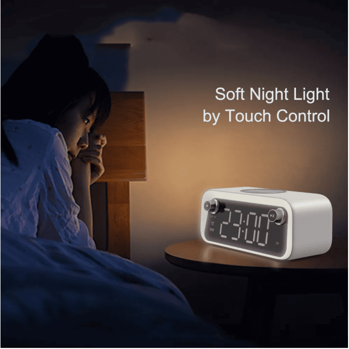 Radio cu ceas, Portabil, baterie 1200 mAh, statie incarcare wireless, LED, Bluetooth speaker, Alarma, lampa led, lumina noapte, 15W, Pes Holding