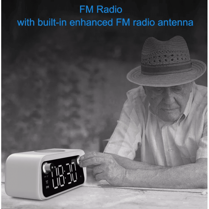 Radio cu ceas, Portabil, baterie 1200 mAh, statie incarcare wireless, LED, Bluetooth speaker, Alarma, lampa led, lumina noapte, 15W, Pes Holding
