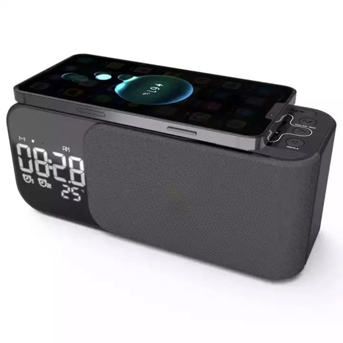 Radio FM portabil cu ceas si cu incarcare wireless pentru telefon, boxa Bluetooth, alarma si afisare a temperaturii, lampa de veghe, 1200mAh, Pes holding