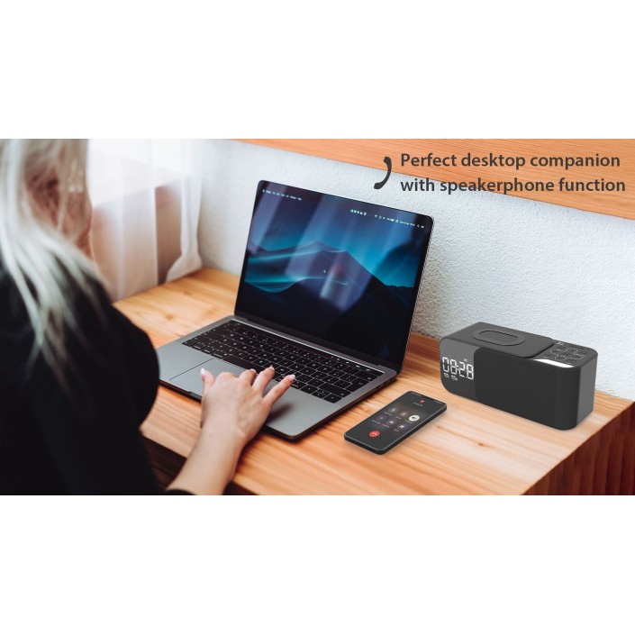 Radio FM portabil cu ceas si cu incarcare wireless pentru telefon, boxa Bluetooth, alarma si afisare a temperaturii, lampa de veghe, 1200mAh, Pes holding