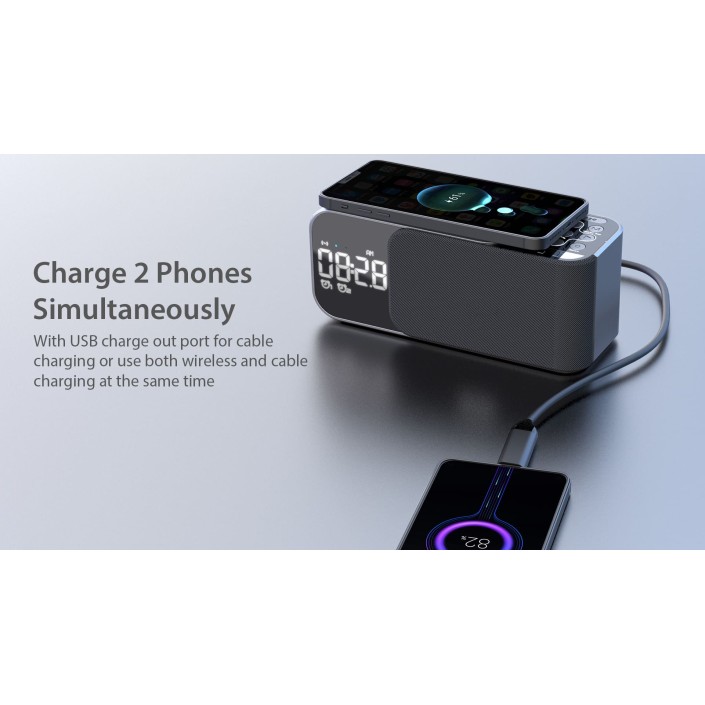Radio FM portabil cu ceas si cu incarcare wireless pentru telefon, boxa Bluetooth, alarma si afisare a temperaturii, lampa de veghe, 1200mAh, Pes holding