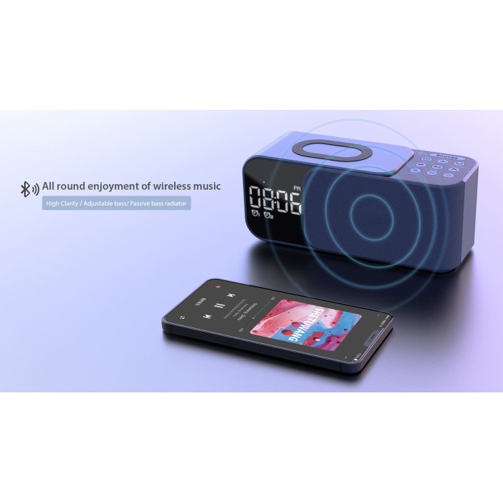 Radio FM portabil cu ceas si cu incarcare wireless pentru telefon, boxa Bluetooth, alarma si afisare a temperaturii, lampa de veghe, 1200mAh, Pes holding