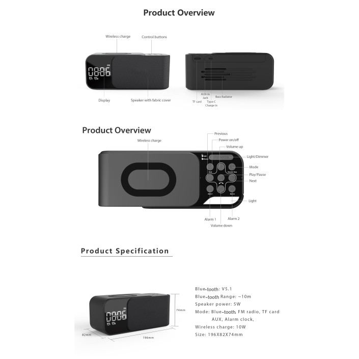 Radio FM portabil cu ceas si cu incarcare wireless pentru telefon, boxa Bluetooth, alarma si afisare a temperaturii, lampa de veghe, 1200mAh, Pes holding