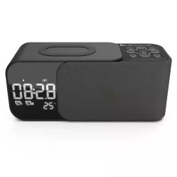 Radio FM portabil cu ceas si cu incarcare wireless pentru telefon, boxa Bluetooth, alarma si afisare a temperaturii, lampa de veghe, 1200mAh, Pes holding