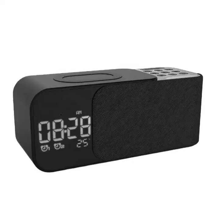 Radio FM portabil cu ceas si cu incarcare wireless pentru telefon, boxa Bluetooth, alarma si afisare a temperaturii, lampa de veghe, 1200mAh, Pes holding