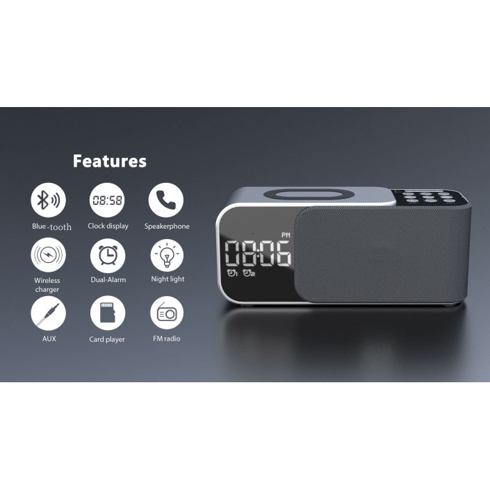 Radio FM portabil cu ceas si cu incarcare wireless pentru telefon, boxa Bluetooth, alarma si afisare a temperaturii, lampa de veghe, 1200mAh, Pes holding