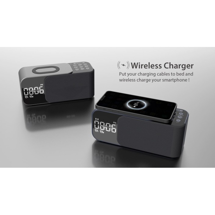 Radio FM portabil cu ceas si cu incarcare wireless pentru telefon, boxa Bluetooth, alarma si afisare a temperaturii, lampa de veghe, 1200mAh, Pes holding