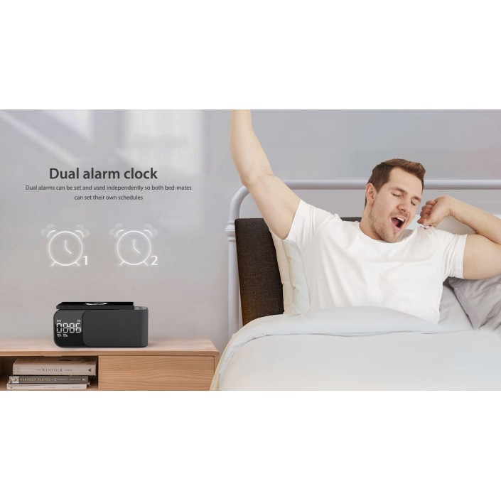 Radio FM portabil cu ceas si cu incarcare wireless pentru telefon, boxa Bluetooth, alarma si afisare a temperaturii, lampa de veghe, 1200mAh, Pes holding