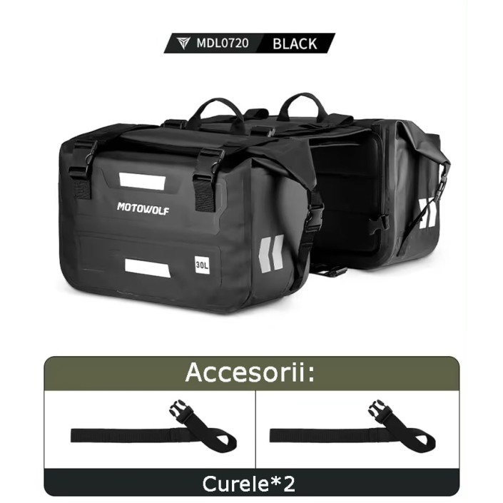 Set Genți Laterale Impermeabile Motowolf pentru Motocicletă, Capacitate Mare, Durabile și Funcționale, 2*30L, Negru Set Genți Laterale Impermeabile Motowolf pentru Motocicletă, Capacitate Mare, Durabile și Funcționale, 2*30L, Negru
