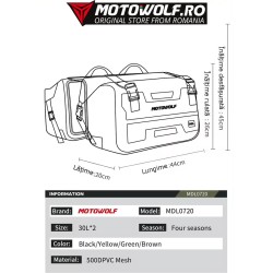 Set Genți Laterale Impermeabile Motowolf pentru Motocicletă, Capacitate Mare, Durabile și Funcționale, 2*30L, Negru