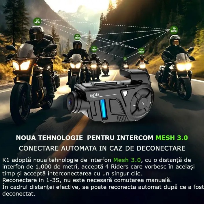 Sistem de comunicare moto intercom Ejeas K1, tehnologie Mesh 3.0, camera foto/video 2K,  noise cancel, 2100mAh