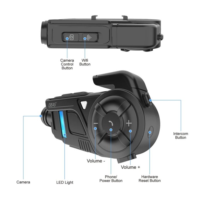Sistem de comunicare moto intercom Ejeas K1, tehnologie Mesh 3.0, camera foto/video 2K,  noise cancel, 2100mAh