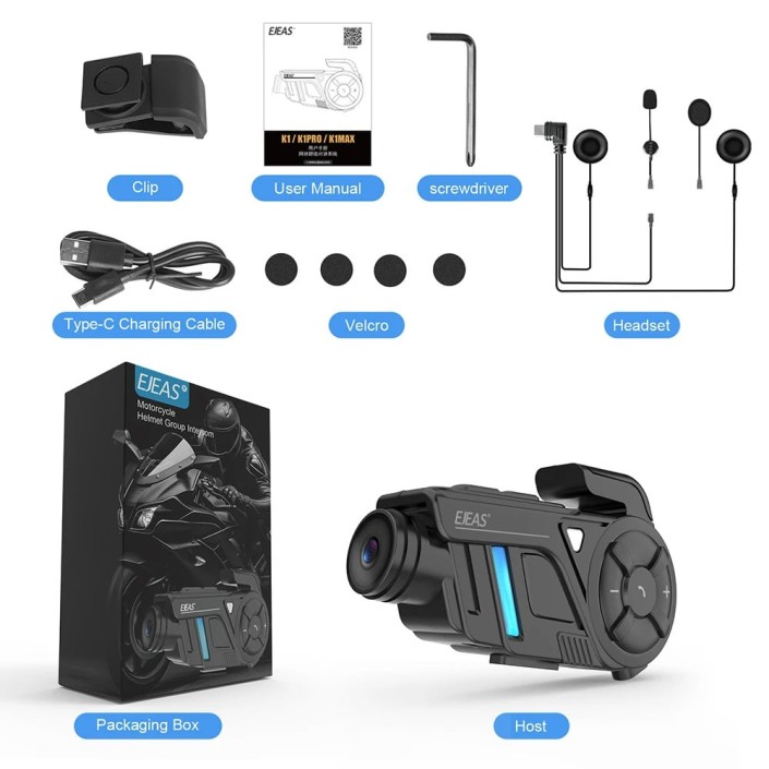Sistem de comunicare moto intercom Ejeas K1, tehnologie Mesh 3.0, camera foto/video 2K,  noise cancel, 2100mAh