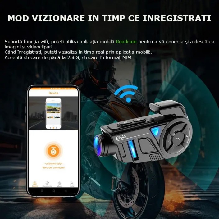 Sistem de comunicare moto intercom Ejeas K1, tehnologie Mesh 3.0, camera foto/video 2K,  noise cancel, 2100mAh