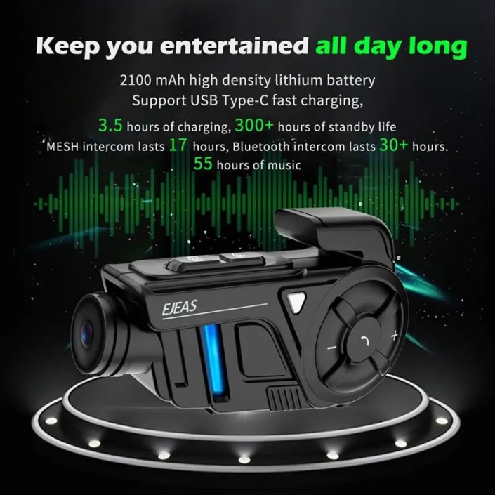 Sistem de comunicare moto intercom Ejeas K1, tehnologie Mesh 3.0, camera foto/video 2K,  noise cancel, 2100mAh