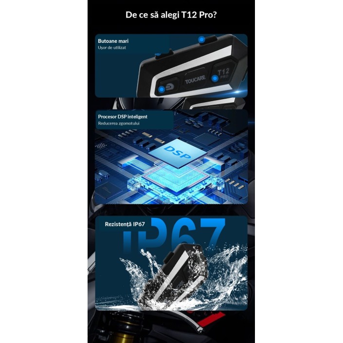 Sistem Comunicare Bluetooth pentru Cască Moto Toucare T12 , DSP, IP67, Autonomie 30 Ore  Meta title