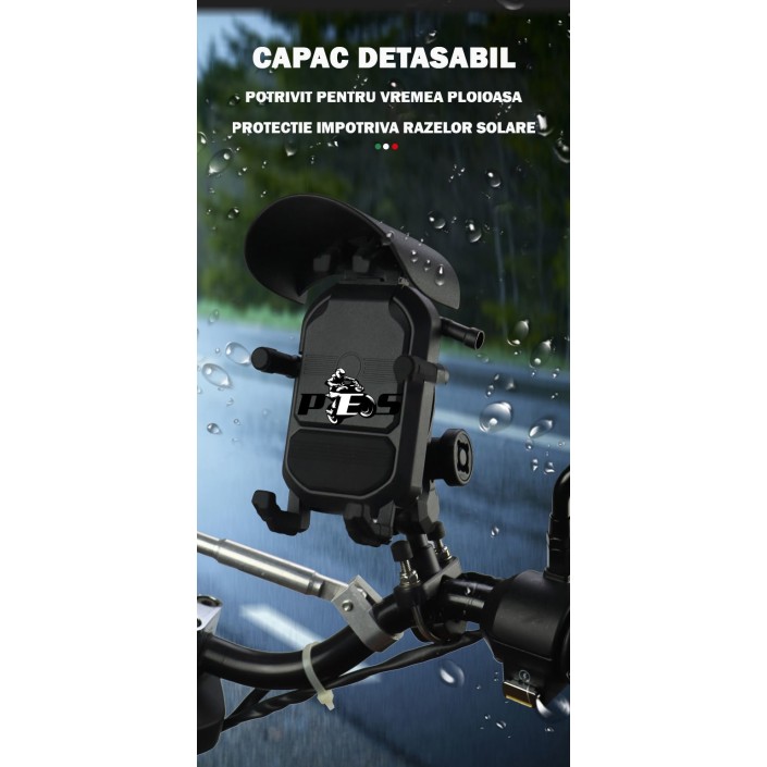 Suport telefon moto, atv, auto, sistem Antivibratii, incarcare wireless, fixare oglinda, cadru, universal Android si IOS, wireless charger cu incarcare de maxim 15W, include 2 tipuri de prindere